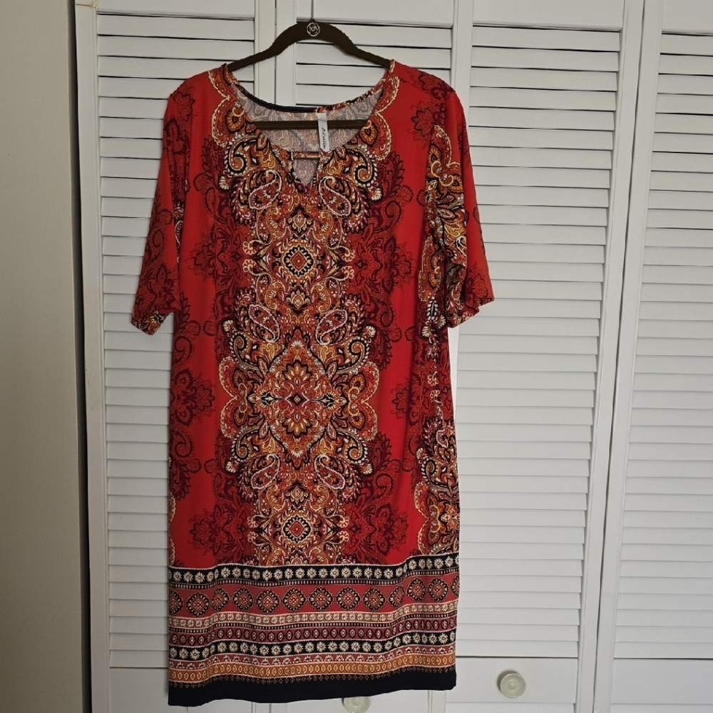 NY Collection Red and Black Paisley Midi Dress